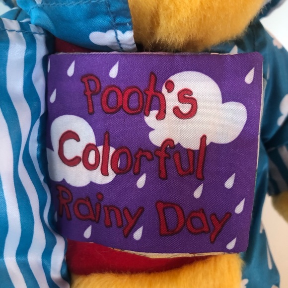 Vtg Winnie The Pooh Bear Read N Cuddle Toy Plush Blue Raincoat Colorful Day Book - Picture 10 of 14